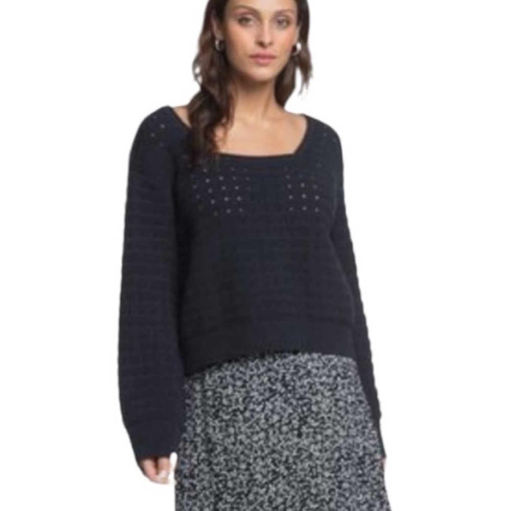 ROXY Pointelle Navy Birdy Day Square Neck Dropped Balloon Sleeve Navy Sweater